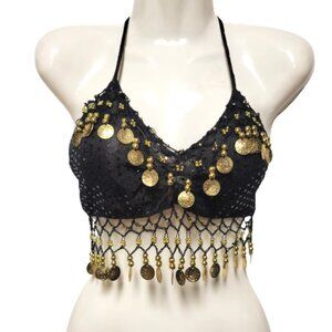 Black BellyDance Top with Gold Coin Tassels NEW